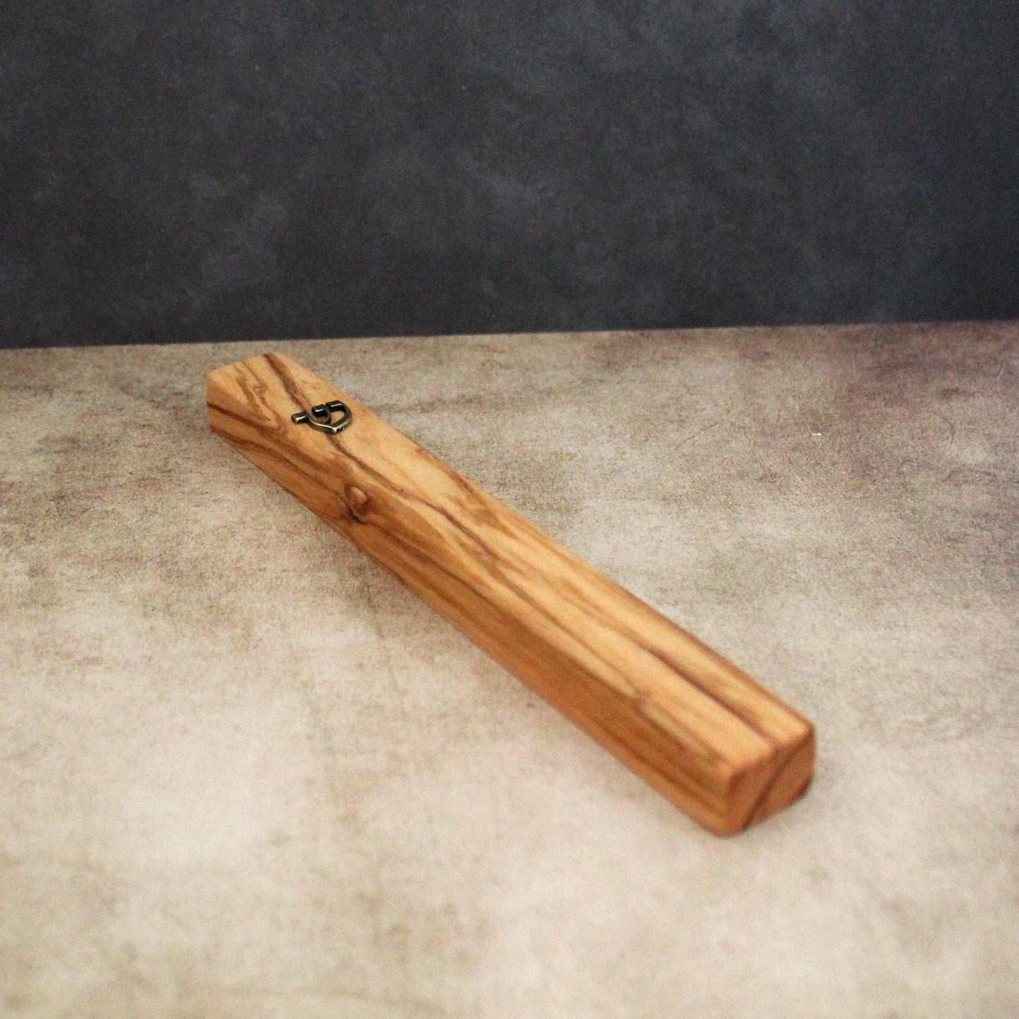 17cm / 6.69" Olive Wood Mezuzah Case from Jerusalem With the Letter "SHIN" in Bronze, Gift for Jewish Housewarming, Scroll Up to 15cm / 5.9"