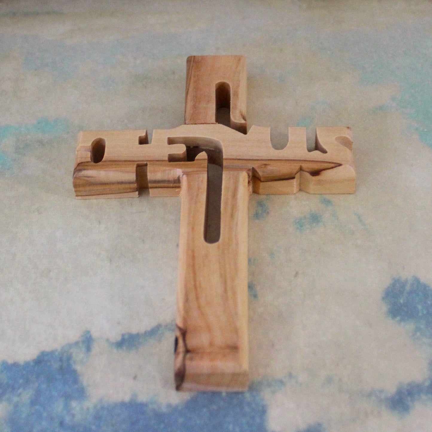 4.5" Handmade Olive Wood Cross With Word Jesus, Perfect Religious Gift, Housewarming Gift, New Home Gift, and Home Decor