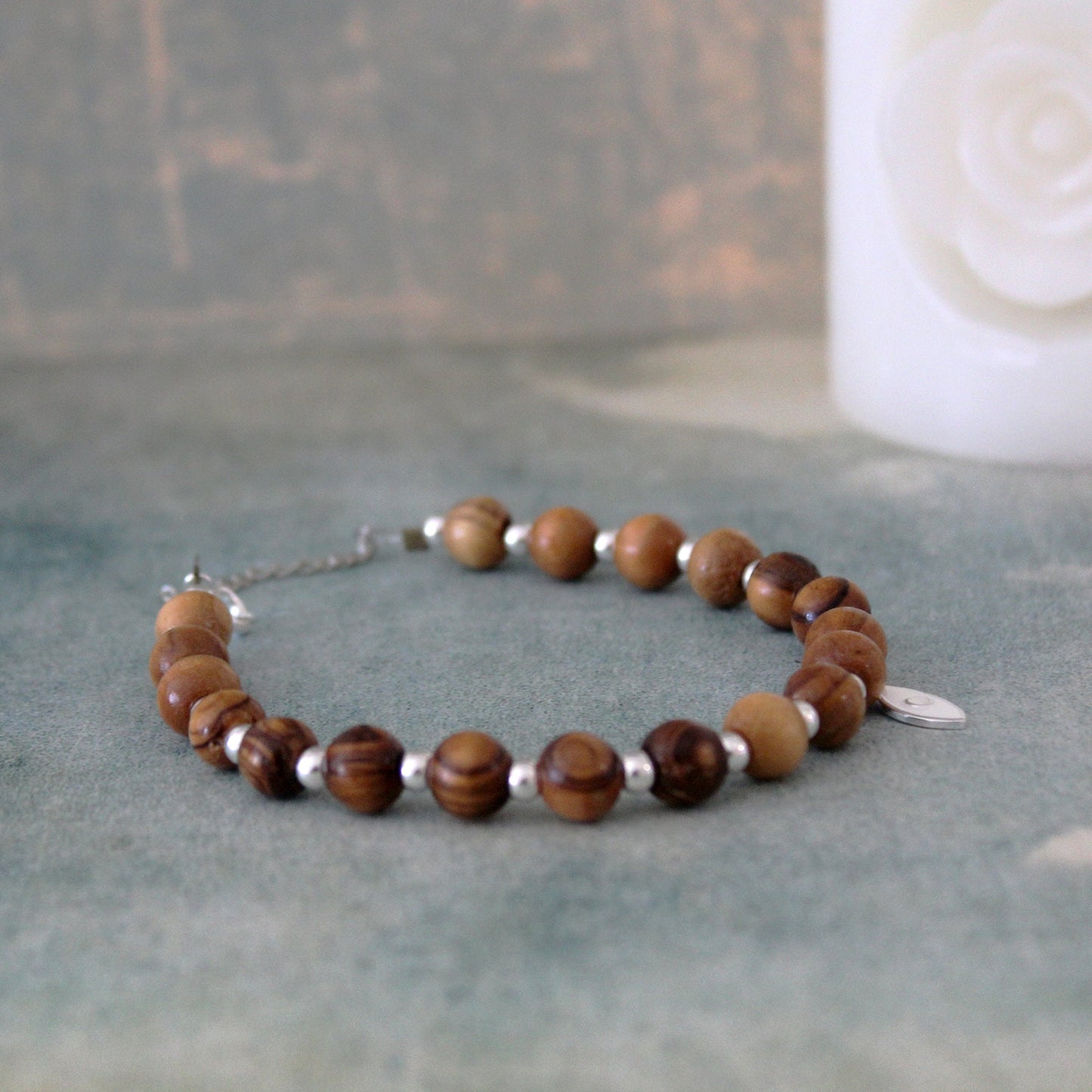 925 Silver Beads with White Fish, Olive Wood Beads Round Bracelet, Trendy Bracelet for Mother's Day, Christmas Gift