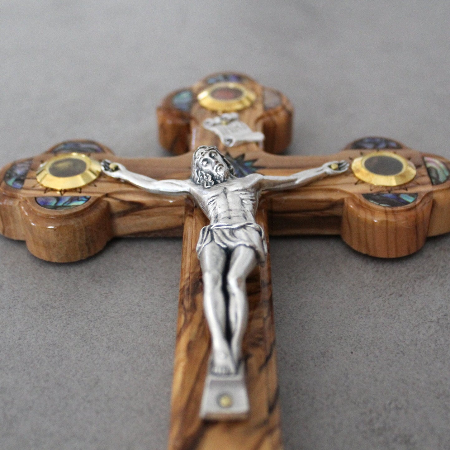 7" Stylish Olive Wood Cross Perfect for Wall Hangings With Mother of Pearls Decoration, Religious Gift From Jerusalem the Holy Land