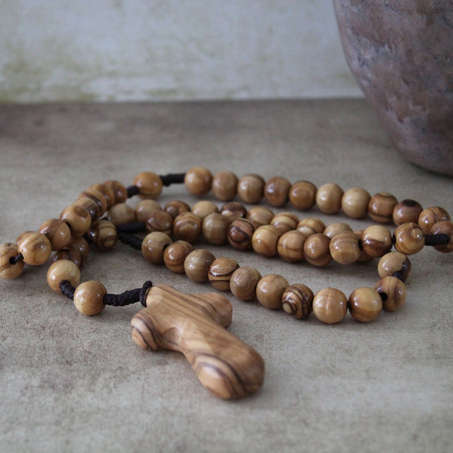 Get Two 9-10mm Beads, Olive Wood Cross Beaded Necklace, Handmade Smooth Round Prayer Beads, Holy Land Gift for Her, Rosary Necklace