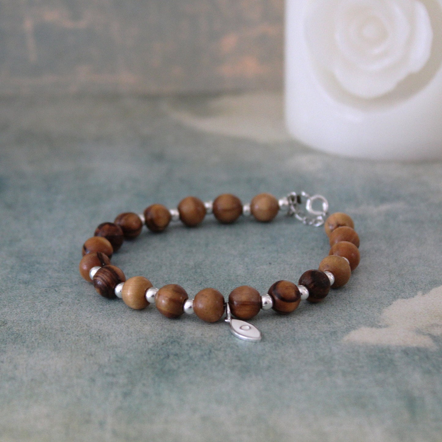 925 Silver Beads with White Fish, Olive Wood Beads Round Bracelet, Trendy Bracelet for Mother's Day, Christmas Gift