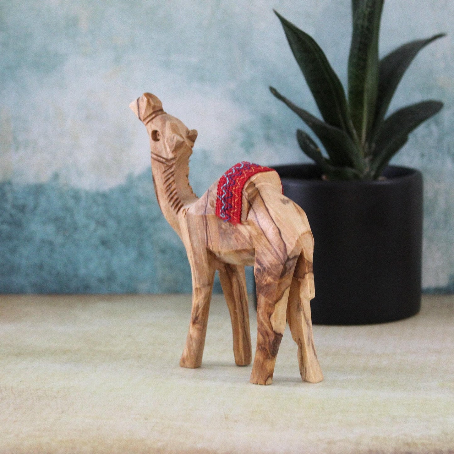 5.5" Olive Wood Camel Statue Hand Carved in the Holy Land Figurine Red Saddle. Handmade in the Holy Land, Jerusalem