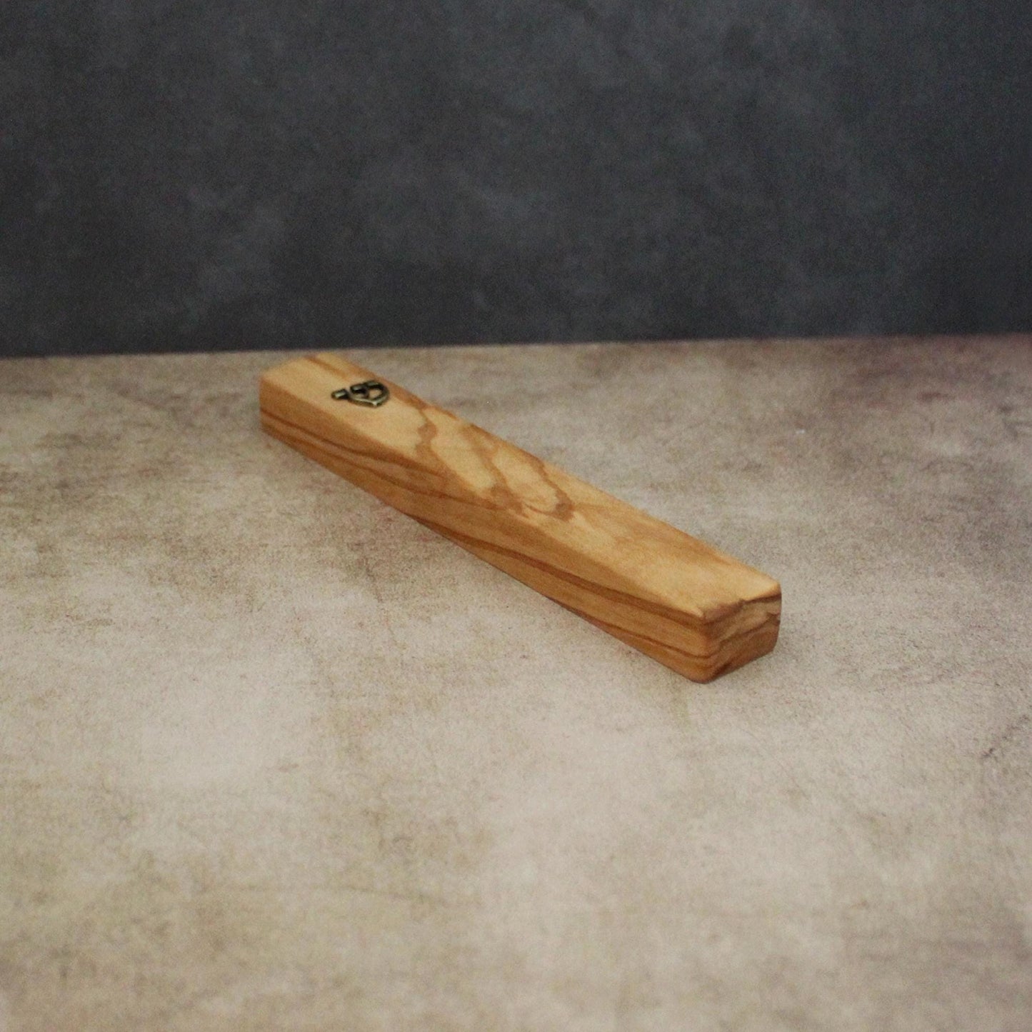 14cm / 5.5" Olive Wood Mezuzah Case from Jerusalem With the Letter "SHIN" in Bronze, Gift for Jewish Housewarming, Scroll Up to 12cm / 4.72"