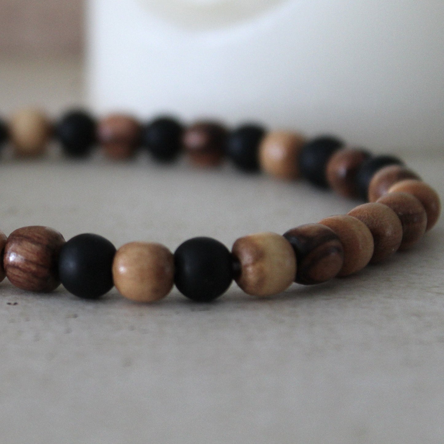 Black Stone and Olive Wood Beads Stretched Bracelet for Men - Handcrafted Judaica Jewelry