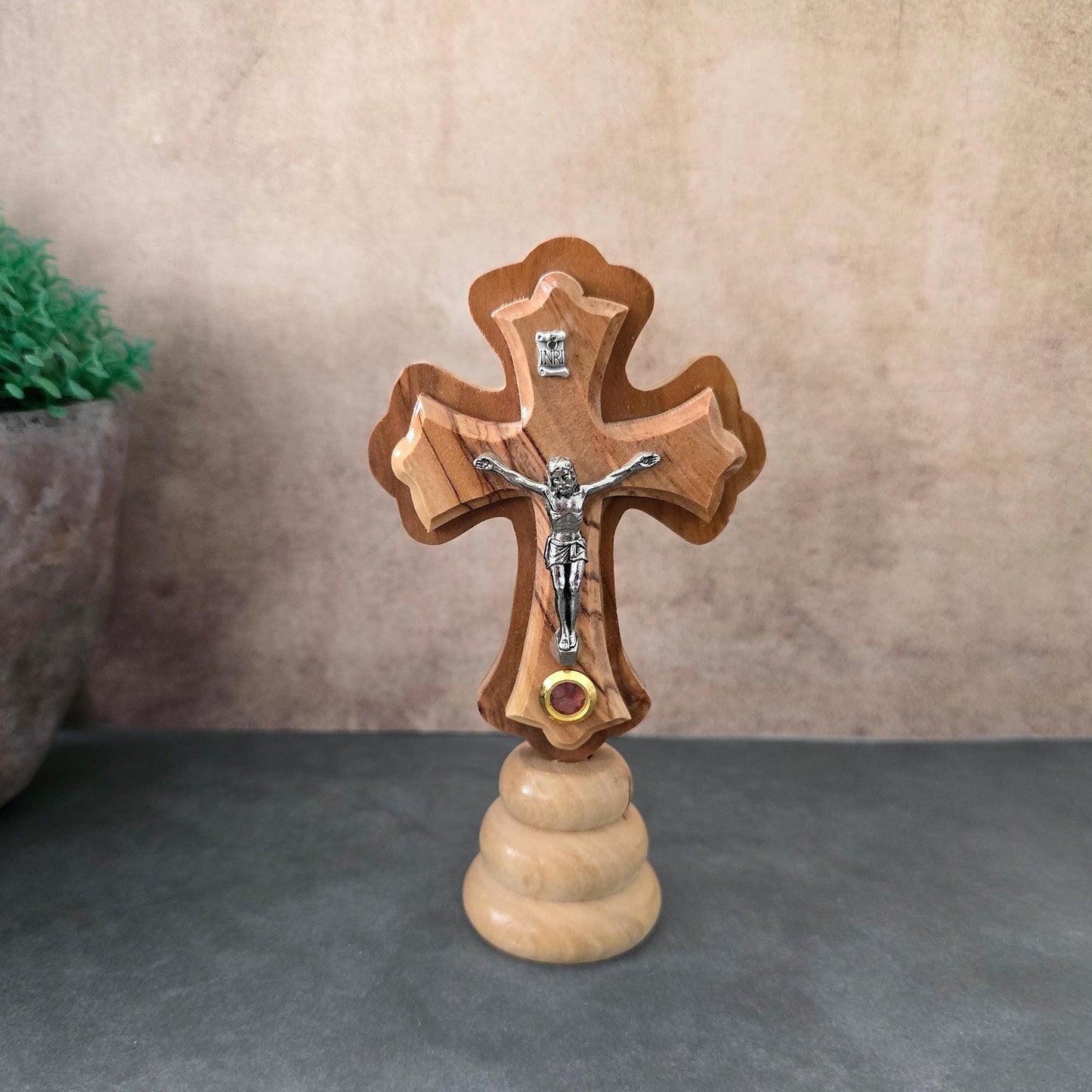 5.5" Standing Olive Wood Tabletop Crucifix of the Holy Land Handmade Table Cross, Catholic Wooden Crucifix, Religious Home Decor