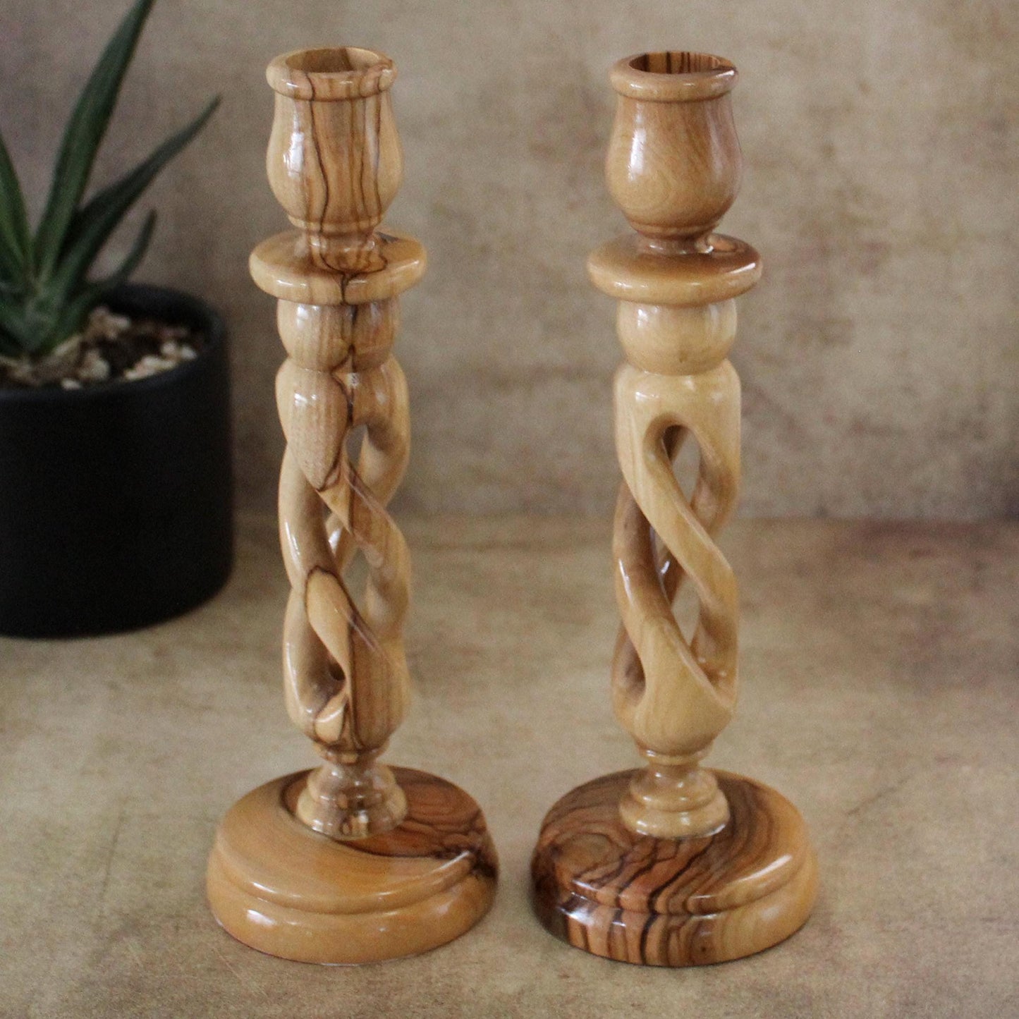 A Pair of 7.4" Exquisite Olive Wood Spiral Candle Stands, Handcrafted in Israel - Rustic Wooden Candle Holder, Elegant Candlestick Holder