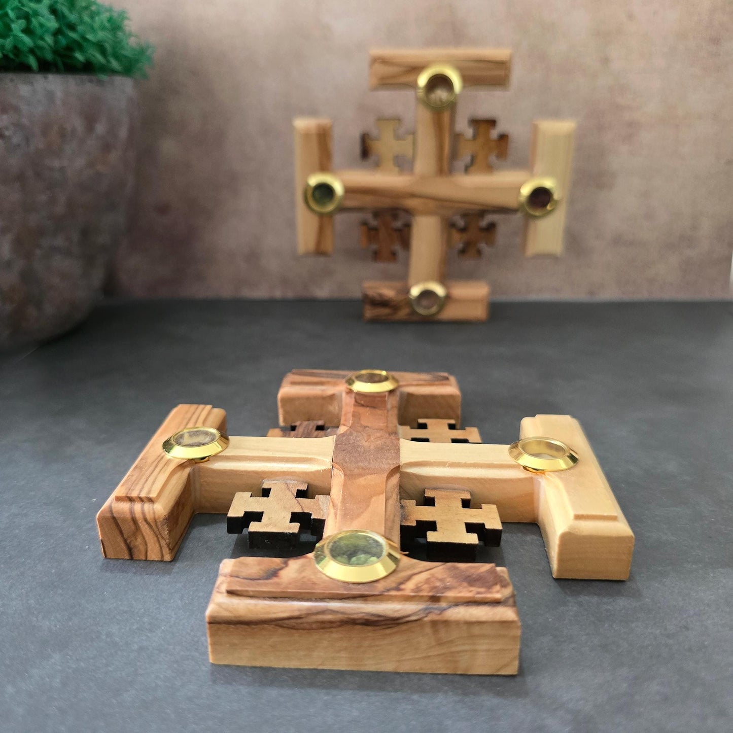 A Pair of 4.3" Jerusalem Crosses Made of Olive Wood in Jerusalem The Holy Land, Perfect Wooden Wall Cross for a New Home or fReligious Gift.
