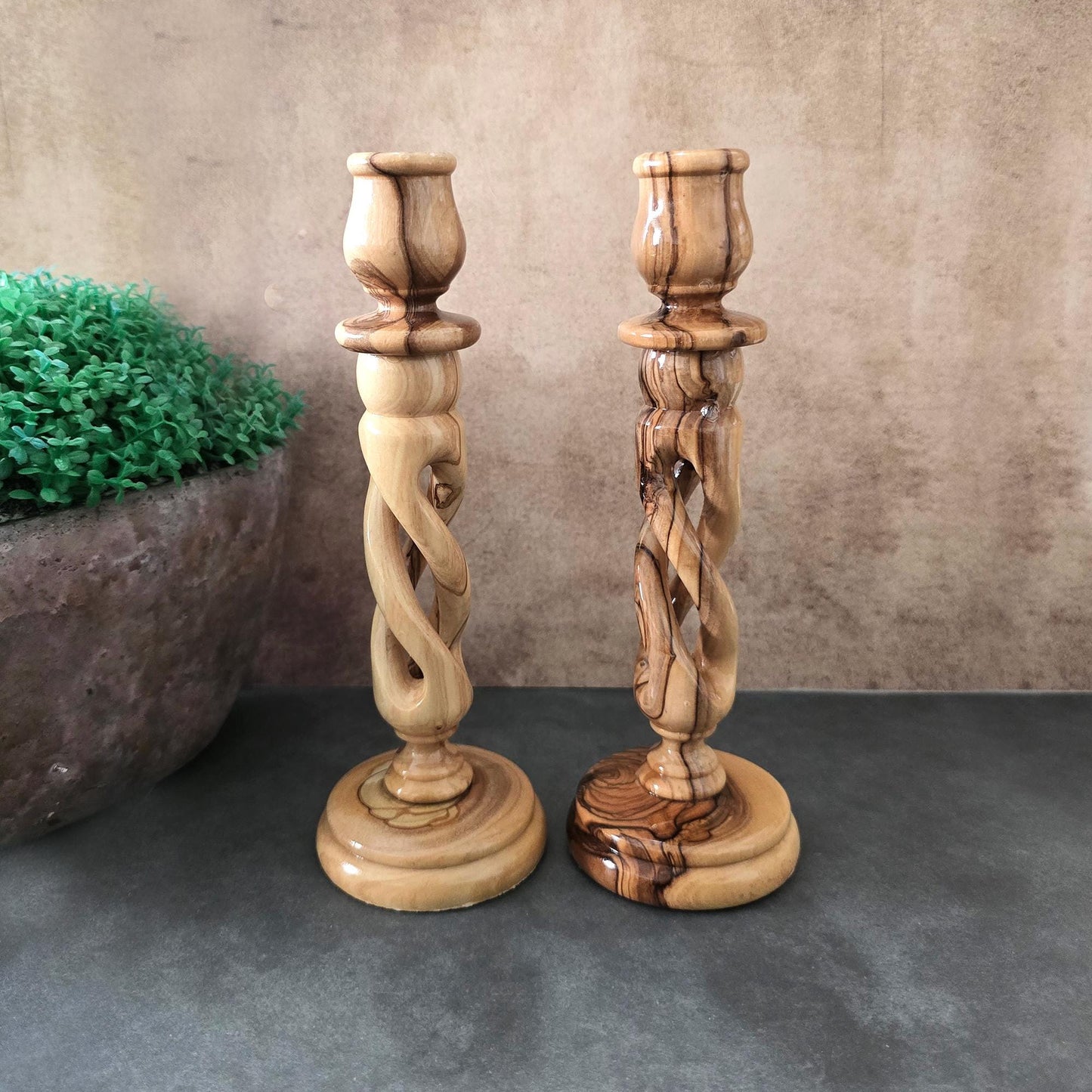 A Pair of 7.4" Exquisite Olive Wood Spiral Candle Stands, Handcrafted in Israel - Rustic Wooden Candle Holder, Elegant Candlestick Holder