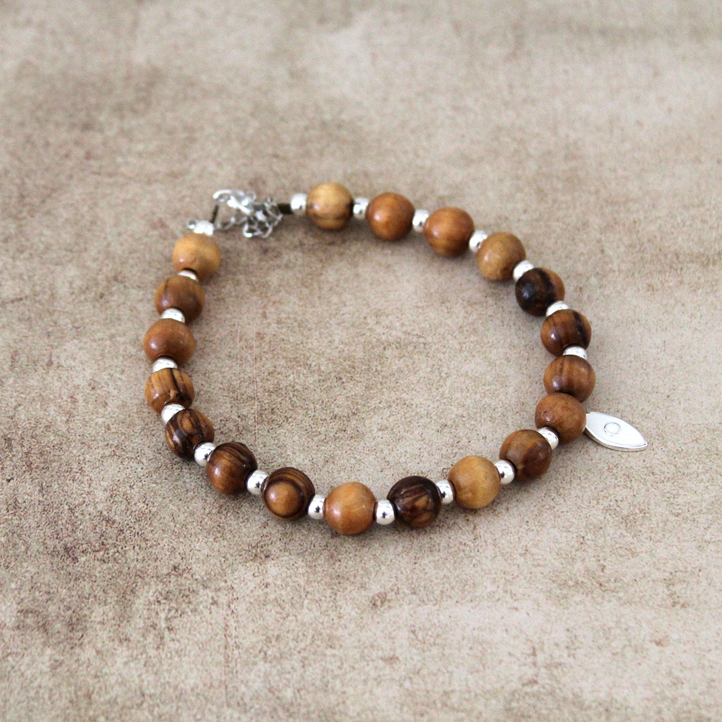 925 Silver Beads with White Fish, Olive Wood Beads Round Bracelet, Trendy Bracelet for Mother's Day, Christmas Gift