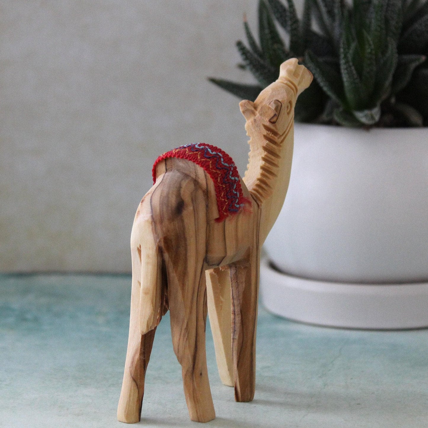5.5" Olive Wood Camel Statue Hand Carved in the Holy Land Figurine Red Saddle. Handmade in the Holy Land, Jerusalem