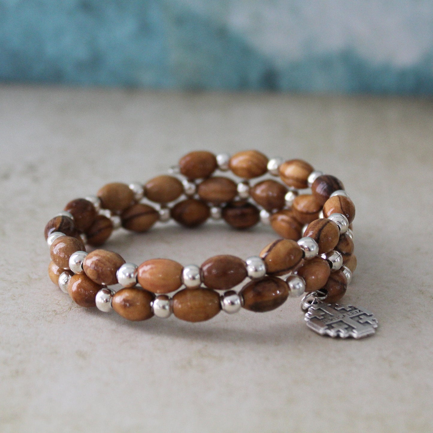 Get Two Beautiful Olive Wood Beads Bracelet With Silver Color Smaller Beads and Jerusalem Cross Icon, Made in the Holy Land Jerusalem