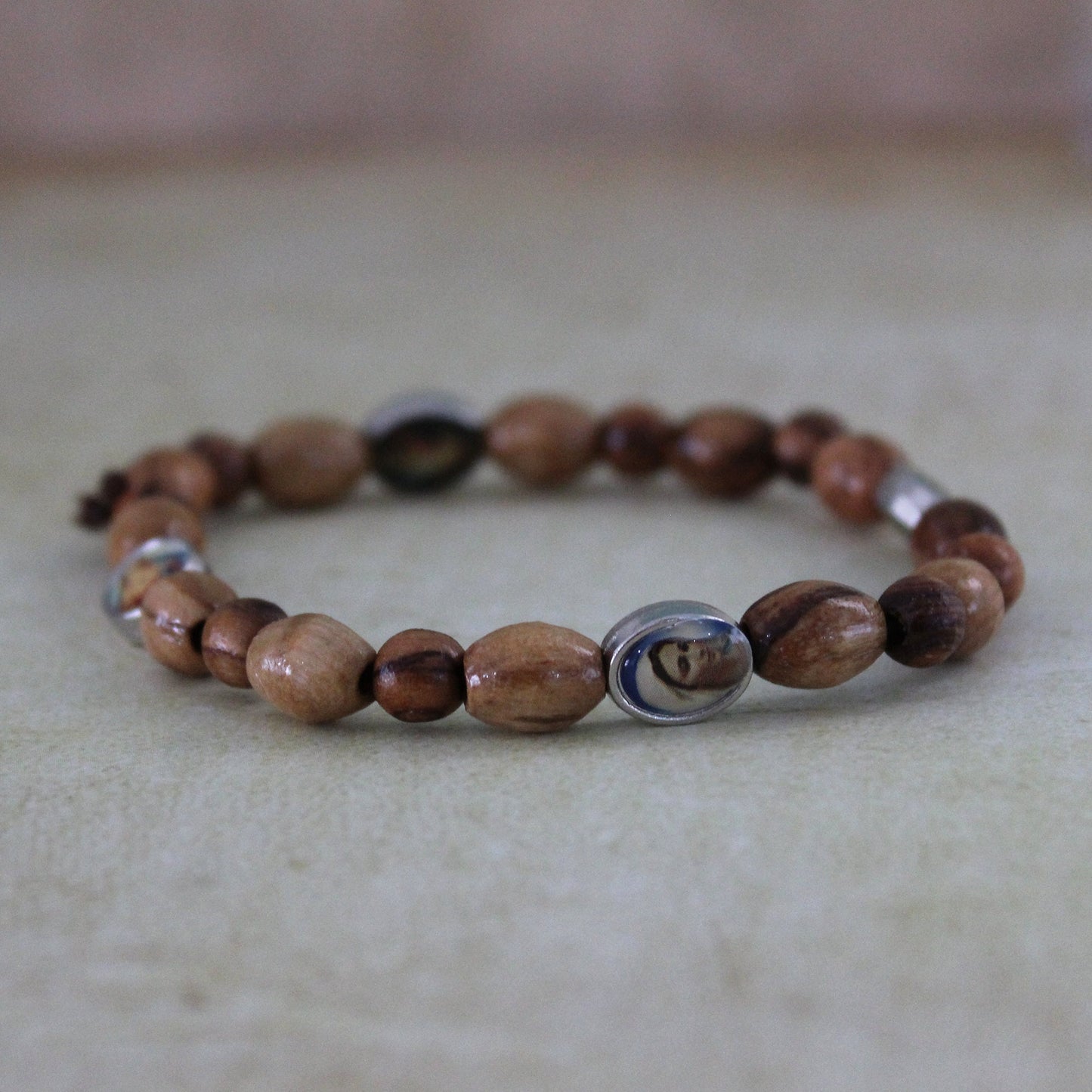 Get Two Olive Wood Handmade Beads Bracelet, Colorful Icons of Mother Mary & Blessing Jesus, Made in the Holy Land Jerusalem