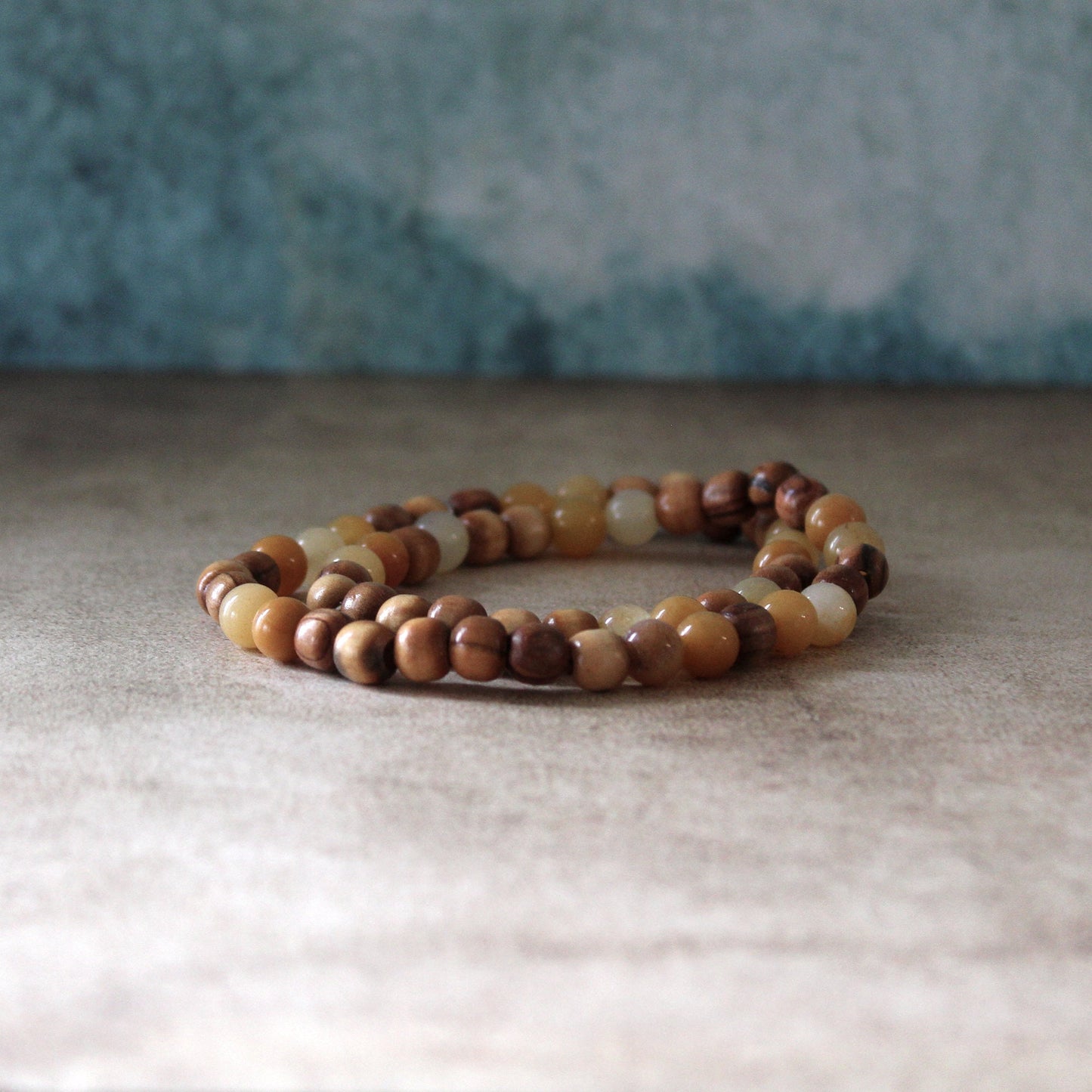 Earthy Double-Strand Stretch Bracelet, Olive Wood, and Yellowish Jade Beads