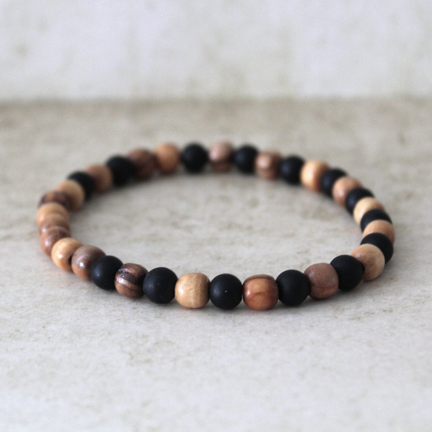 Black Stone and Olive Wood Beads Stretched Bracelet for Men - Handcrafted Judaica Jewelry