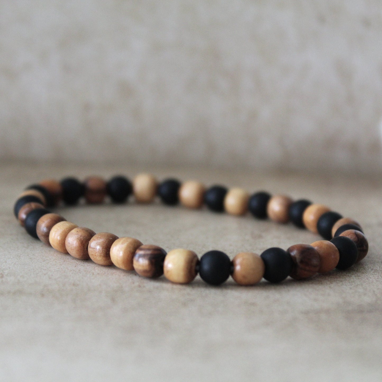Black Stone and Olive Wood Beads Stretched Bracelet for Men - Handcrafted Judaica Jewelry