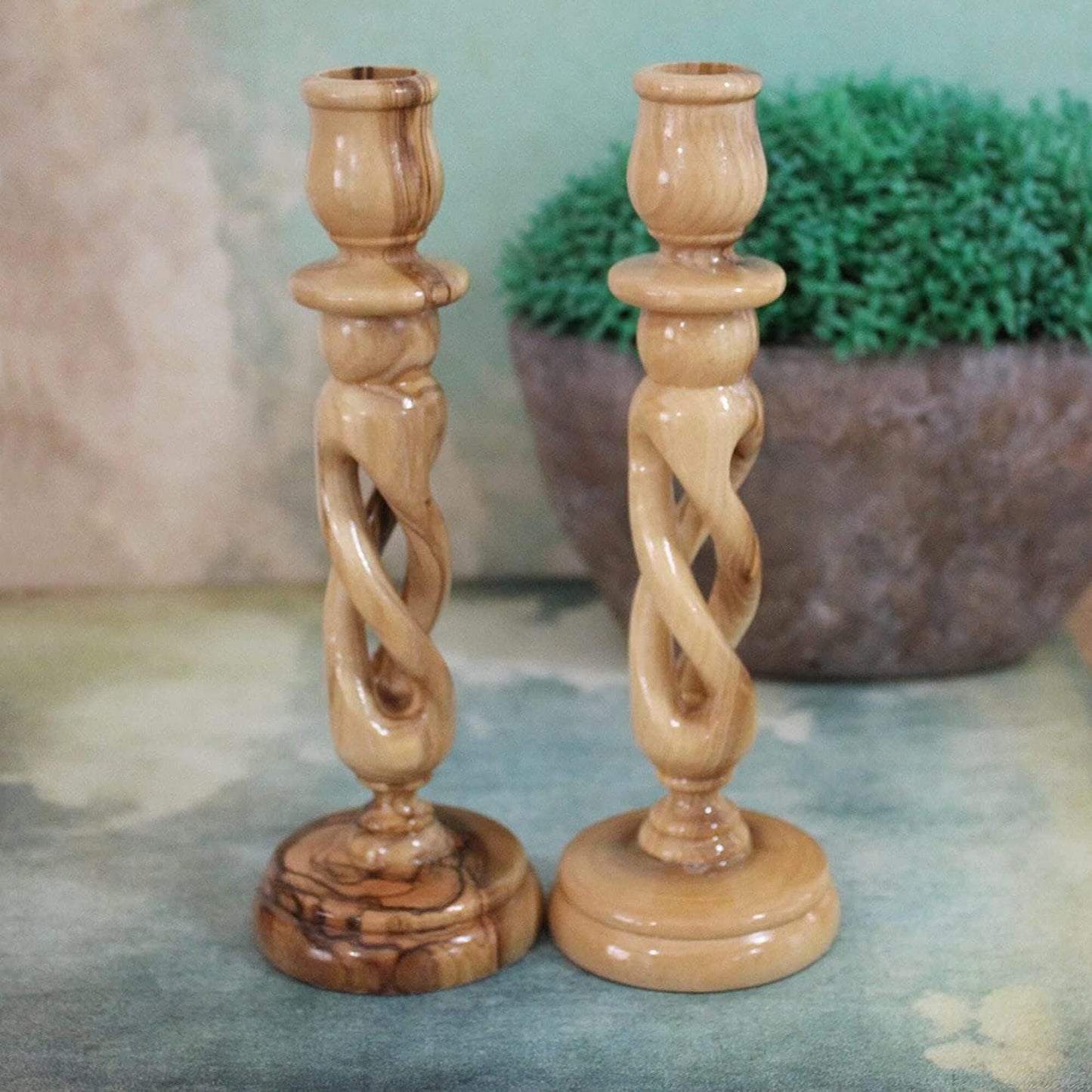 A Pair of 7.4" Exquisite Olive Wood Spiral Candle Stands, Handcrafted in Israel - Rustic Wooden Candle Holder, Elegant Candlestick Holder