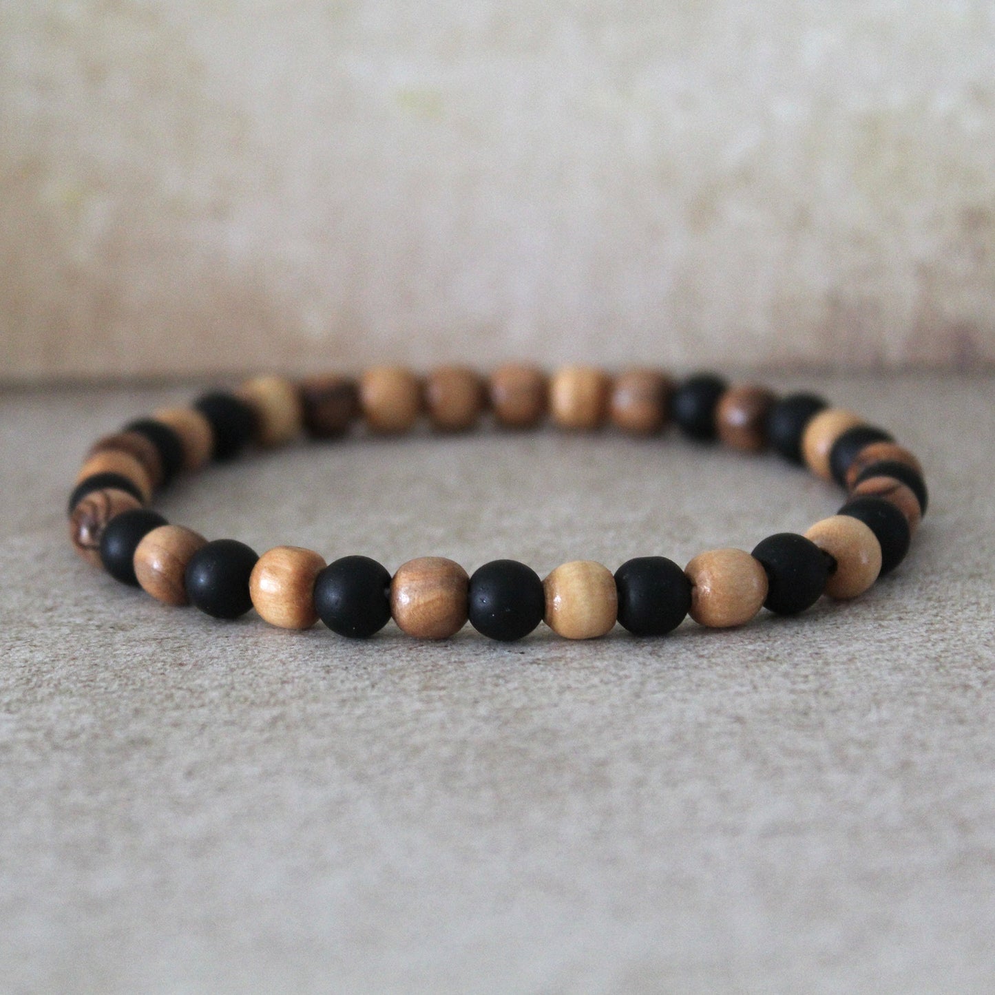 Black Stone and Olive Wood Beads Stretched Bracelet for Men - Handcrafted Judaica Jewelry