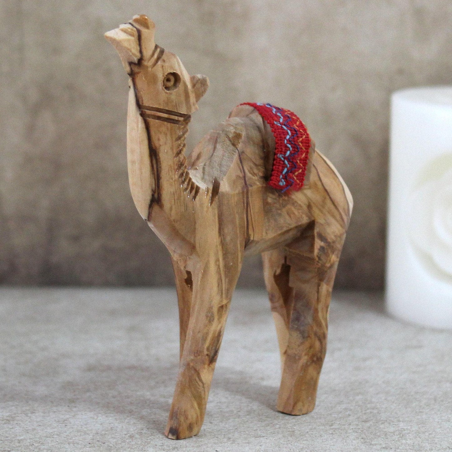 5.5" Olive Wood Camel Statue Hand Carved in the Holy Land Figurine Red Saddle. Handmade in the Holy Land, Jerusalem