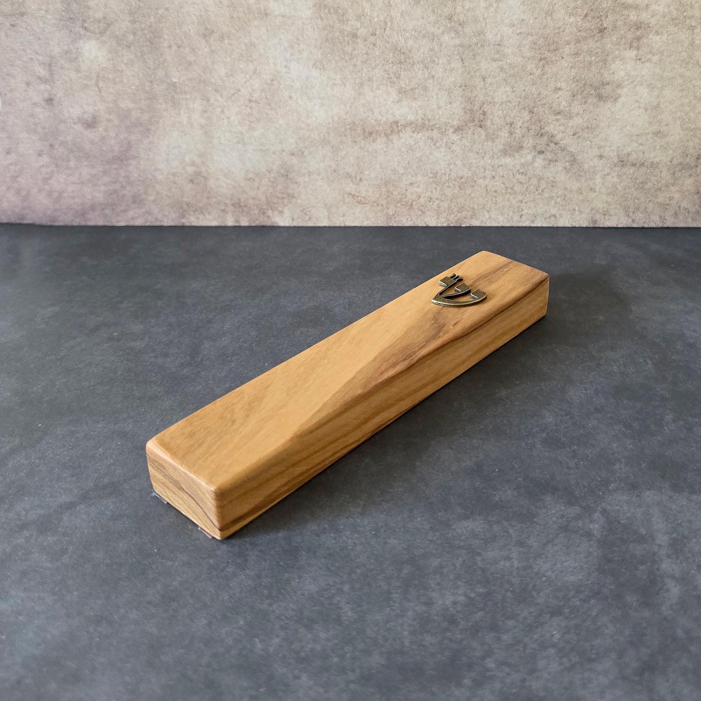 5.5" / 14cm Natural Olive Wood Mezuzah - Bronze Hebrew Shin Letter - Wedding Gift - Traditional Home Protection