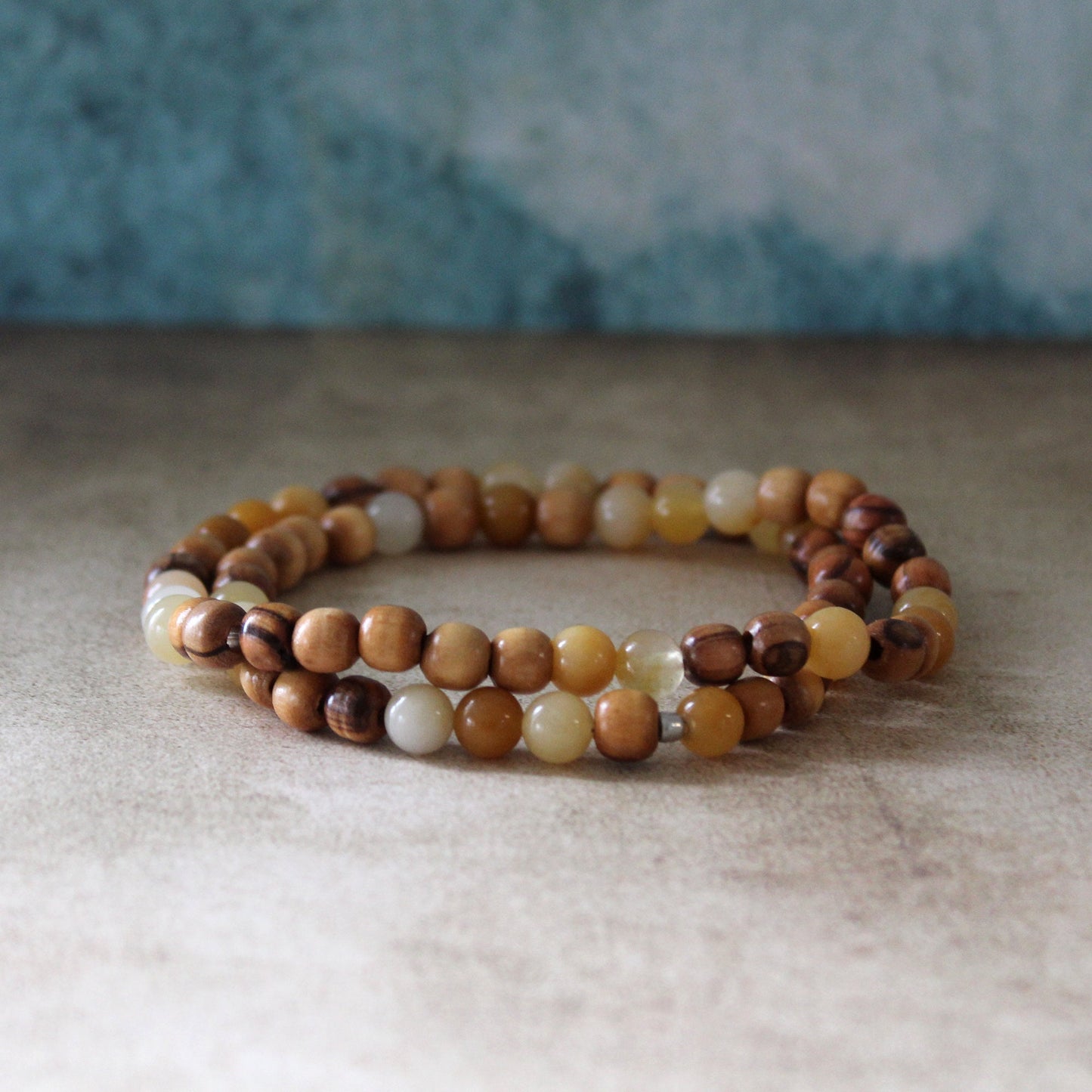 Earthy Double-Strand Stretch Bracelet, Olive Wood, and Yellowish Jade Beads