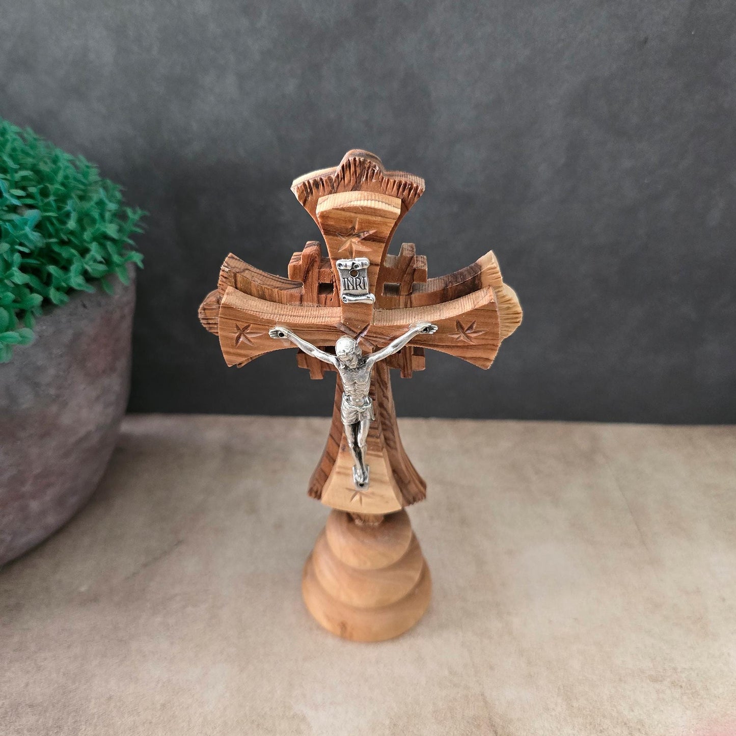 5.9" Standing Olive Wood Tabletop Crucifix of the Holy Land Handmade Table Cross, Catholic Wooden Crucifix, Religious Home Decor