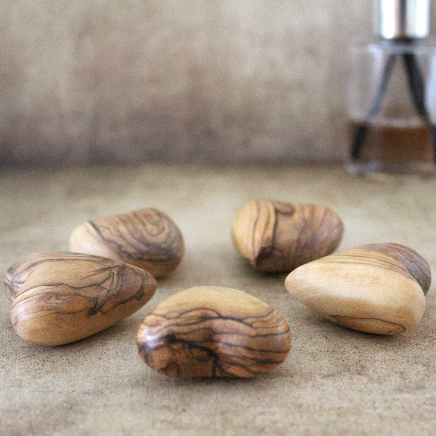 Set of 5 Small Olive Wood Hearts, Wooden carved Hearts, 3D Heart Shape Hand Carved in the Holy Land, Unique Gift for your Loved ones