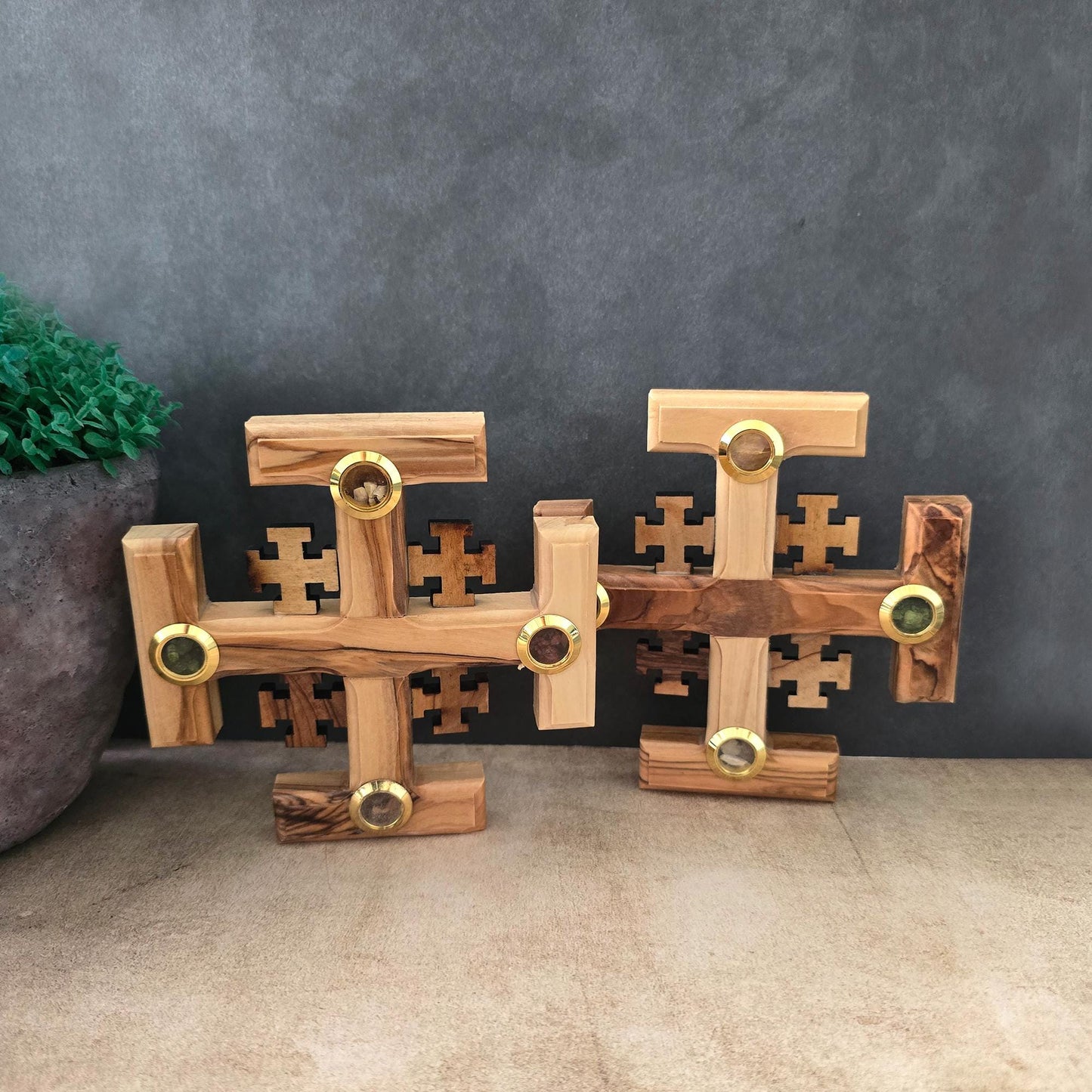 A Pair of 4.3" Jerusalem Crosses Made of Olive Wood in Jerusalem The Holy Land, Perfect Wooden Wall Cross for a New Home or fReligious Gift.