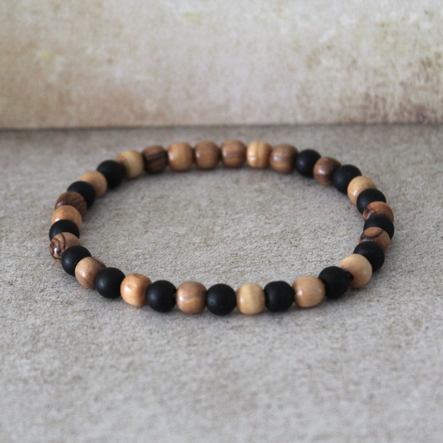 Black Stone and Olive Wood Beads Stretched Bracelet for Men - Handcrafted Judaica Jewelry