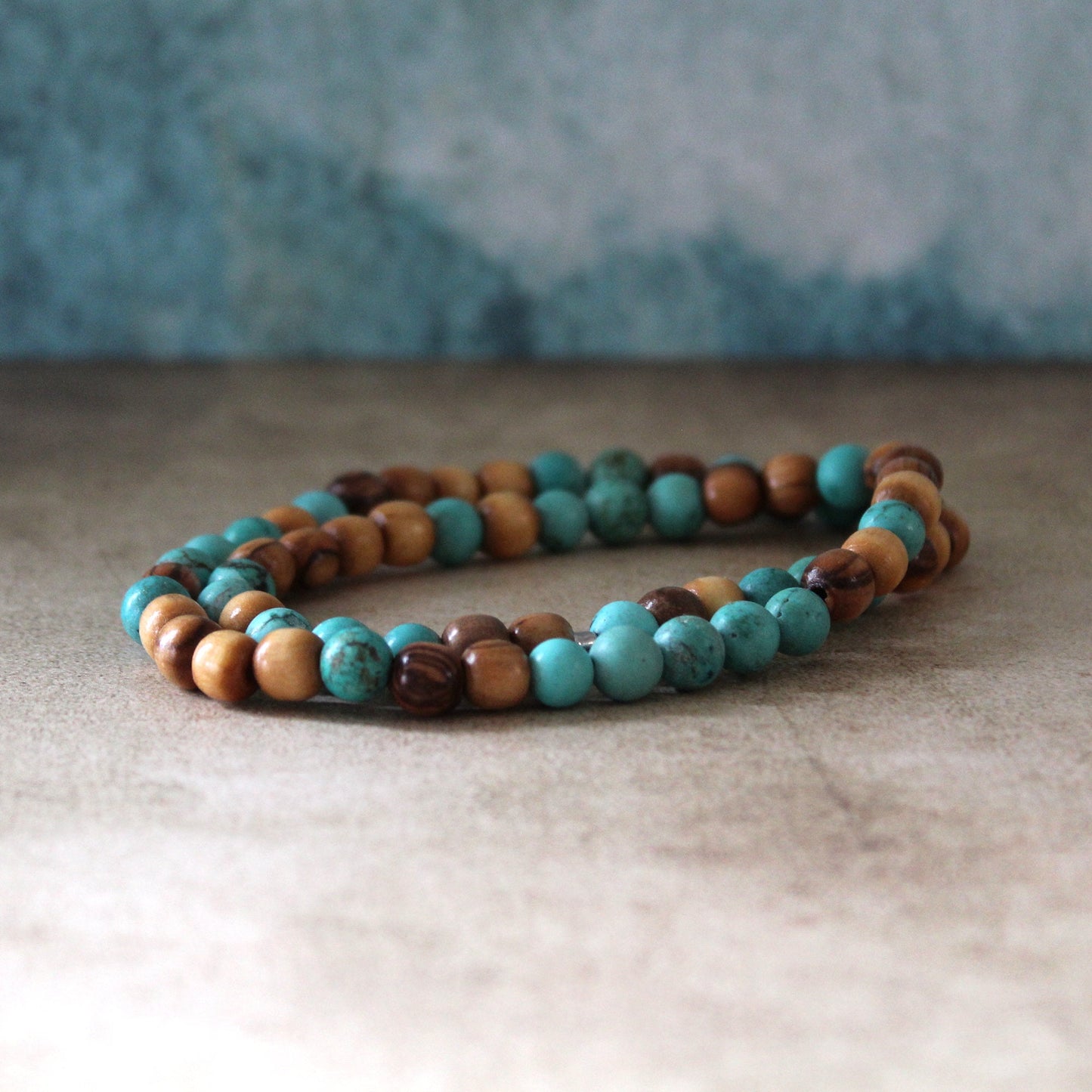 Earthy Double-Strand Stretch Bracelet, Olive Wood & Turquoise Stones