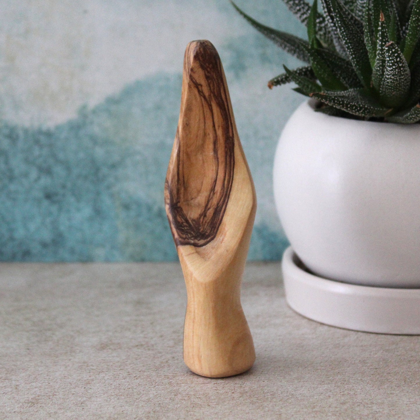 A Minimalist-Looking, Comforting Virgin Mary Statue, a Meditation Statue of Our Lady Made of Olive Wood, Hand Held St. Mary Sculpture