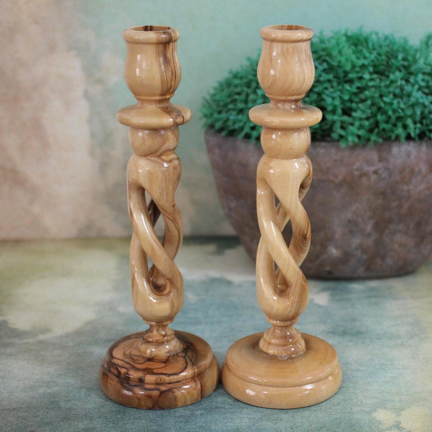 A Pair of 7.4" Exquisite Olive Wood Spiral Candle Stands, Handcrafted in Israel - Rustic Wooden Candle Holder, Elegant Candlestick Holder