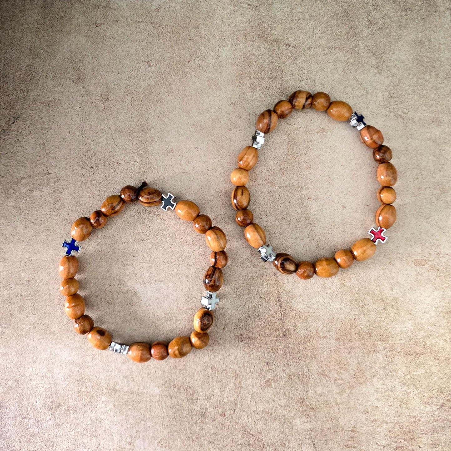 Get Two Olive Wood Handmade Beads Bracelet, Colorful Icons of Crosses, Made in the Holy Land Jerusalem