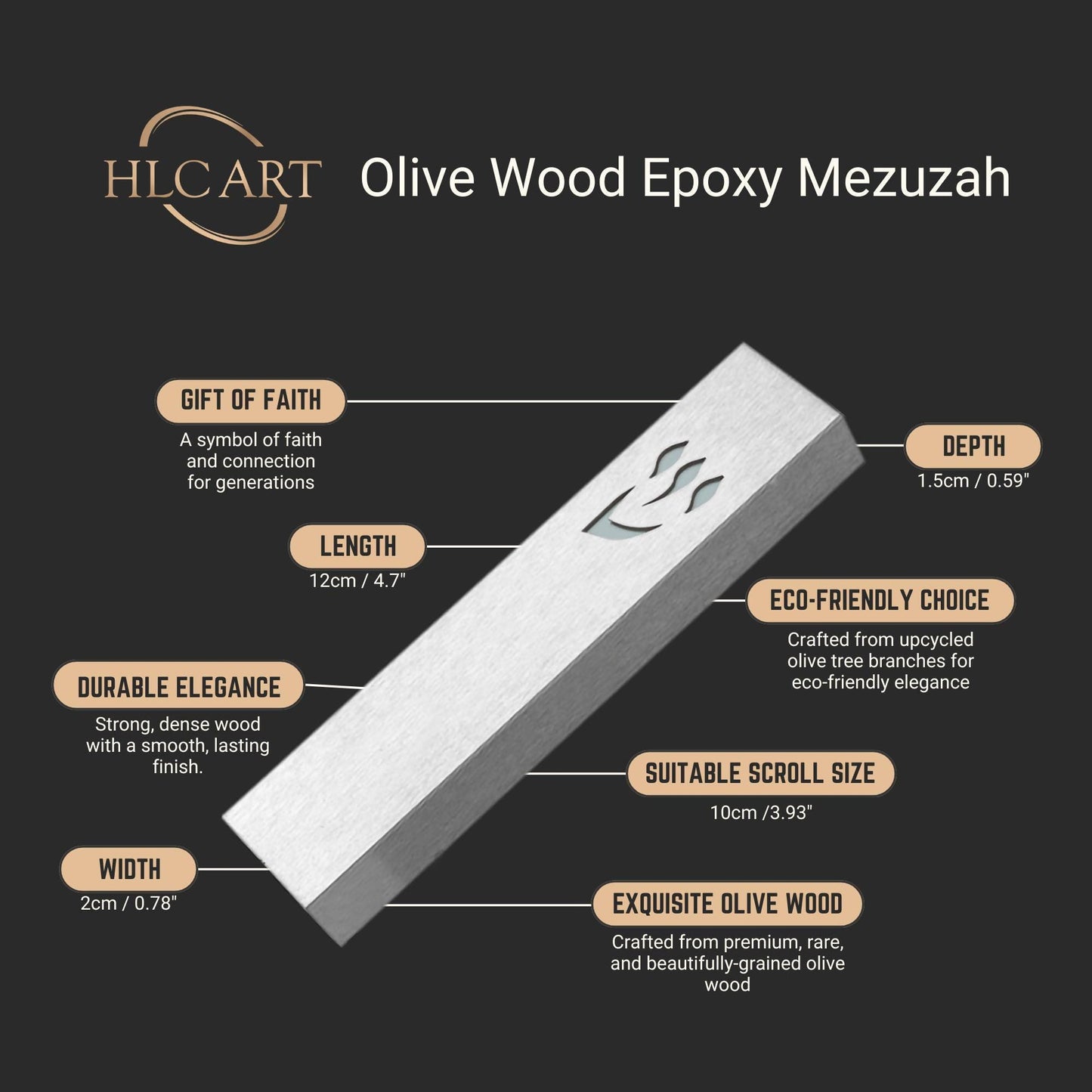 12cm / 4.7" Olive Wood Mezuzah Case from Jerusalem With the Letter "SHIN" in Bronze, Gift for Jewish Housewarming, Scroll Up to 10cm / 3.93"