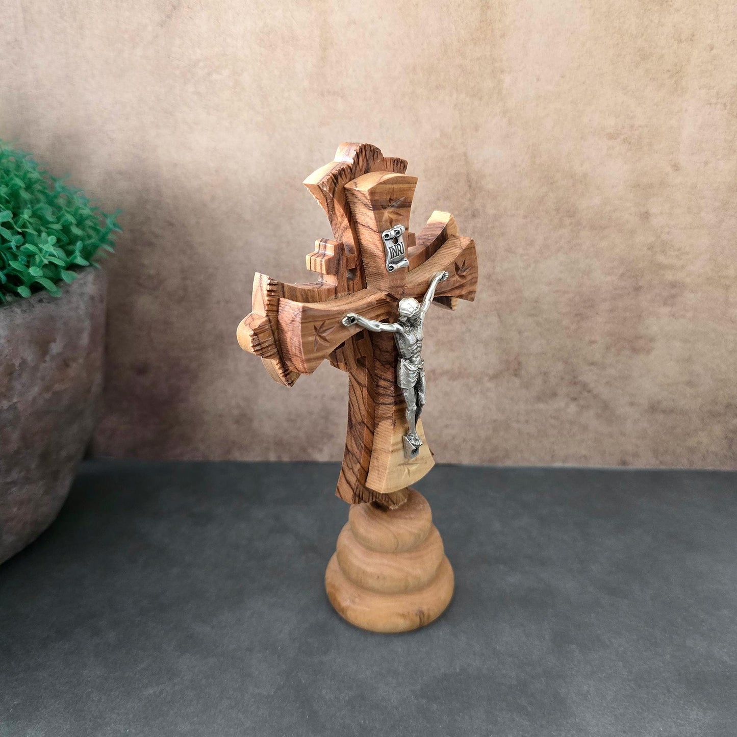 5.9" Standing Olive Wood Tabletop Crucifix of the Holy Land Handmade Table Cross, Catholic Wooden Crucifix, Religious Home Decor