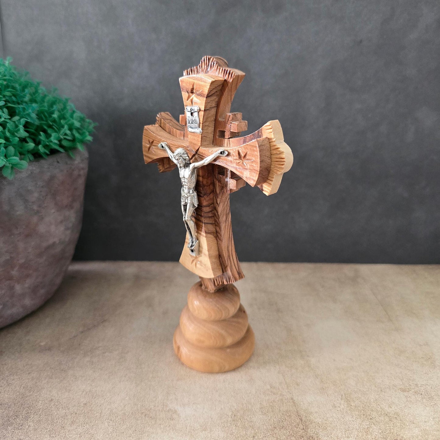5.9" Standing Olive Wood Tabletop Crucifix of the Holy Land Handmade Table Cross, Catholic Wooden Crucifix, Religious Home Decor