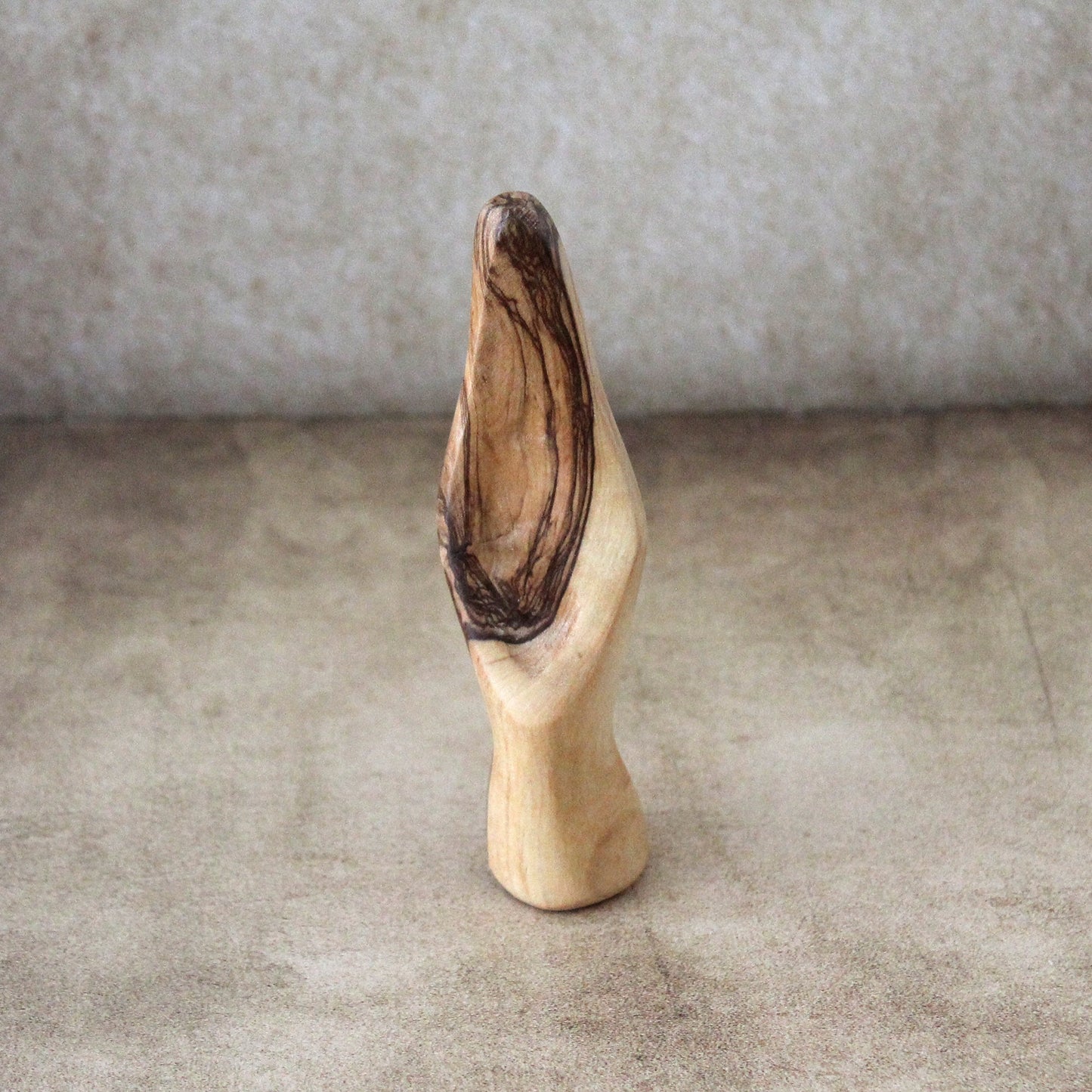 A Minimalist-Looking, Comforting Virgin Mary Statue, a Meditation Statue of Our Lady Made of Olive Wood, Hand Held St. Mary Sculpture