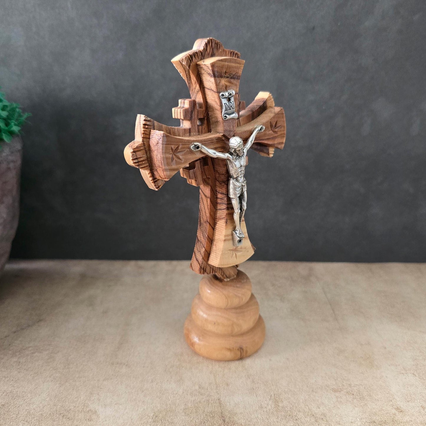 5.9" Standing Olive Wood Tabletop Crucifix of the Holy Land Handmade Table Cross, Catholic Wooden Crucifix, Religious Home Decor