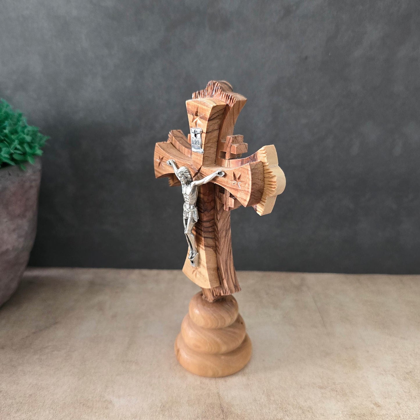 5.9" Standing Olive Wood Tabletop Crucifix of the Holy Land Handmade Table Cross, Catholic Wooden Crucifix, Religious Home Decor