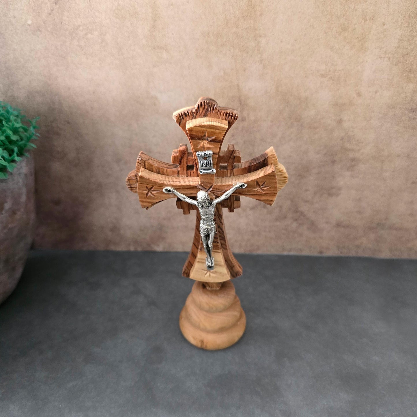 5.9" Standing Olive Wood Tabletop Crucifix of the Holy Land Handmade Table Cross, Catholic Wooden Crucifix, Religious Home Decor