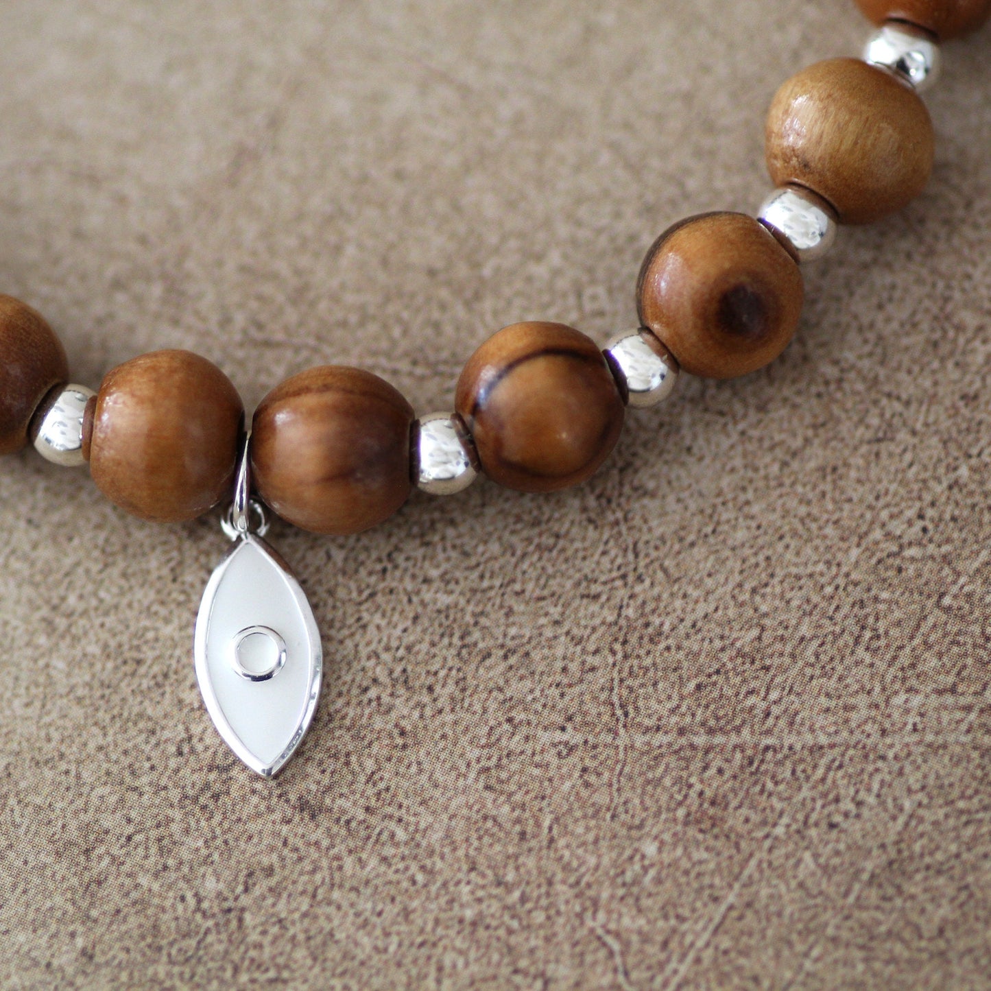 925 Silver Beads with White Fish, Olive Wood Beads Round Bracelet, Trendy Bracelet for Mother's Day, Christmas Gift