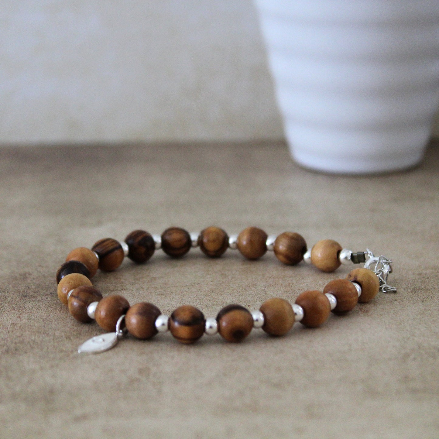 925 Silver Beads with White Fish, Olive Wood Beads Round Bracelet, Trendy Bracelet for Mother's Day, Christmas Gift