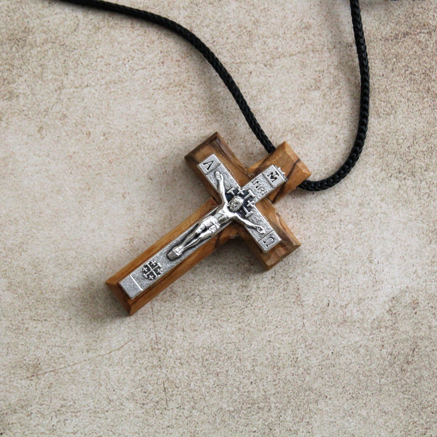 Handmade Natural Olive Wood Cross Metal Crucifix, Wooden Cross Jerusalem Holy Land, Catholic Christian Religious Gift, Crucifix Necklace