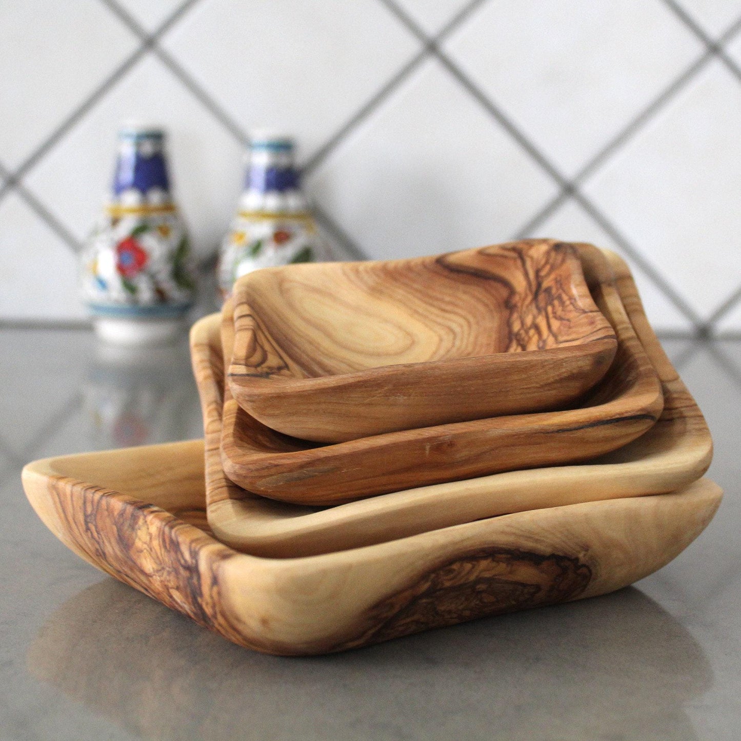 Stunning Set of 4 Olive Wood Rectangle Shaped Bowl, Hand Crafted Wooden Heart bowls, Kitchen Decor Gifts, Holy Land Wooden Serving Bowl Gift