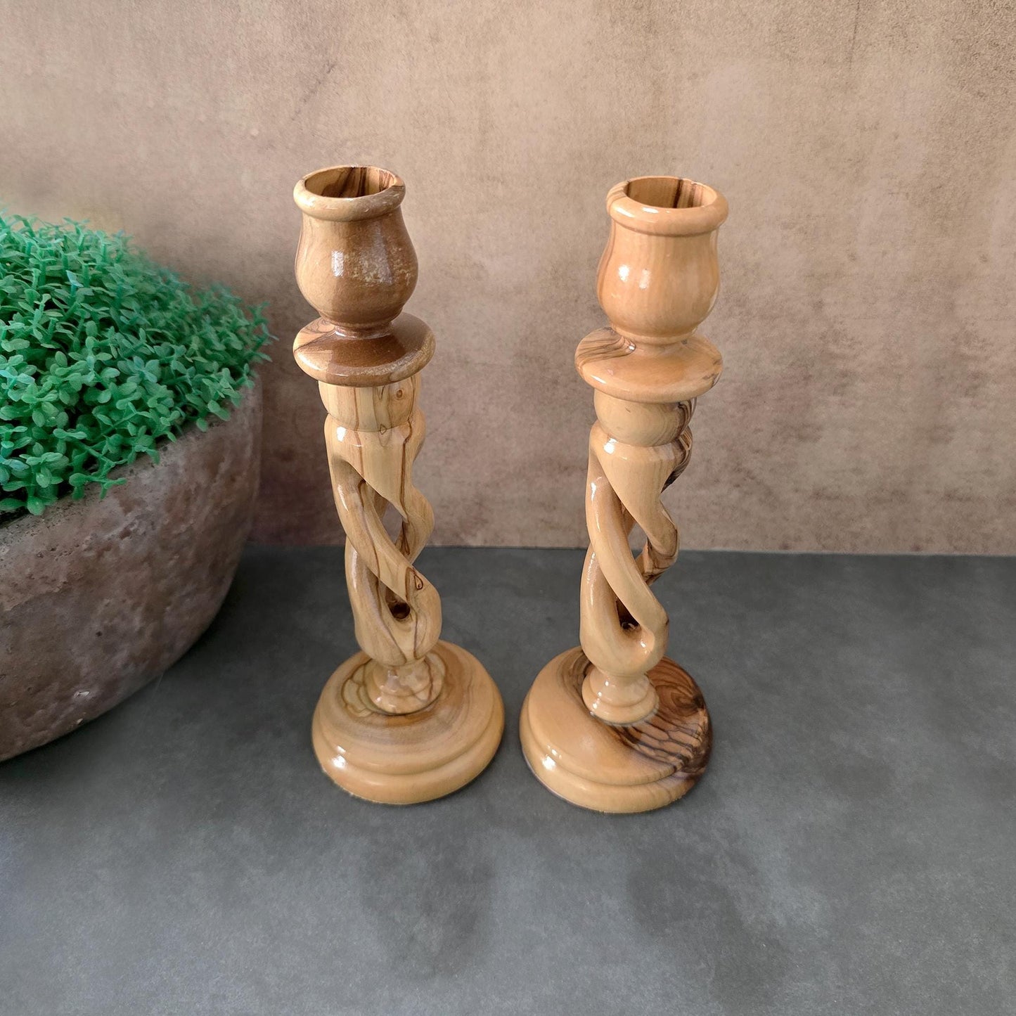 A Pair of 7.4" Exquisite Olive Wood Spiral Candle Stands, Handcrafted in Israel - Rustic Wooden Candle Holder, Elegant Candlestick Holder