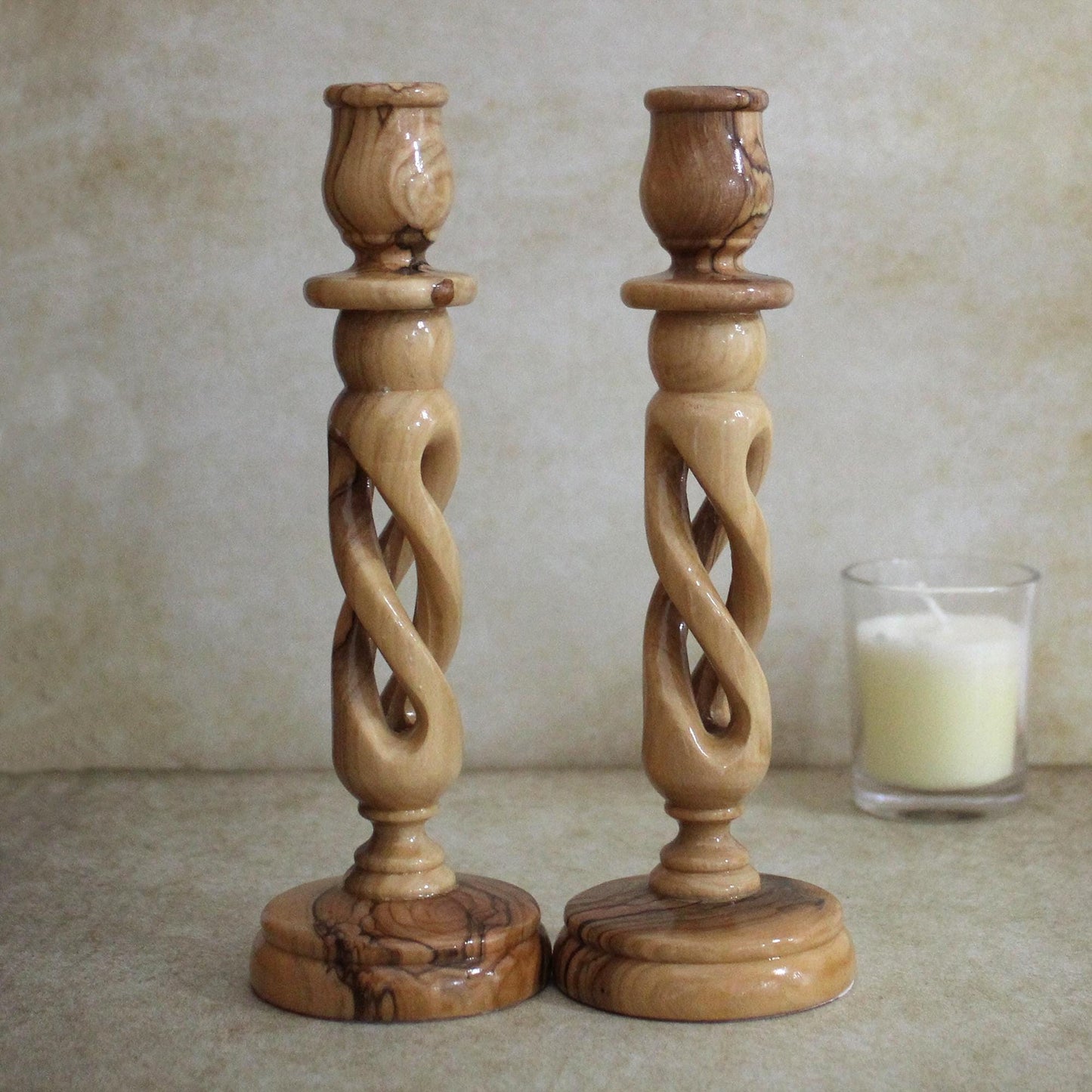 A Pair of 7.4" Exquisite Olive Wood Spiral Candle Stands, Handcrafted in Israel - Rustic Wooden Candle Holder, Elegant Candlestick Holder