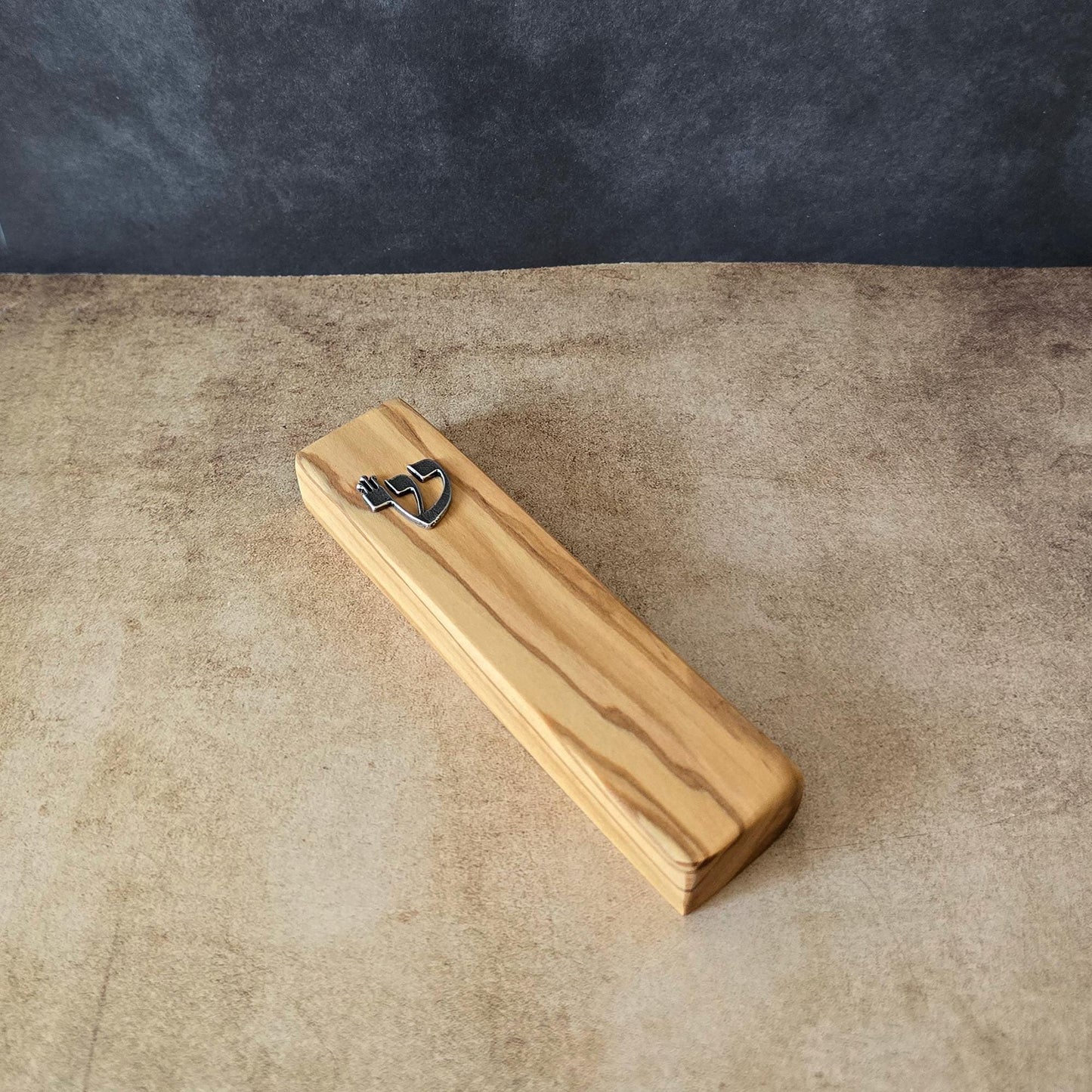 5.5" / 14cm Olive Wood Mezuzah with Silver Shin & a Scroll - Handcrafted Jewish Door Blessing - Perfect Housewarming Gift