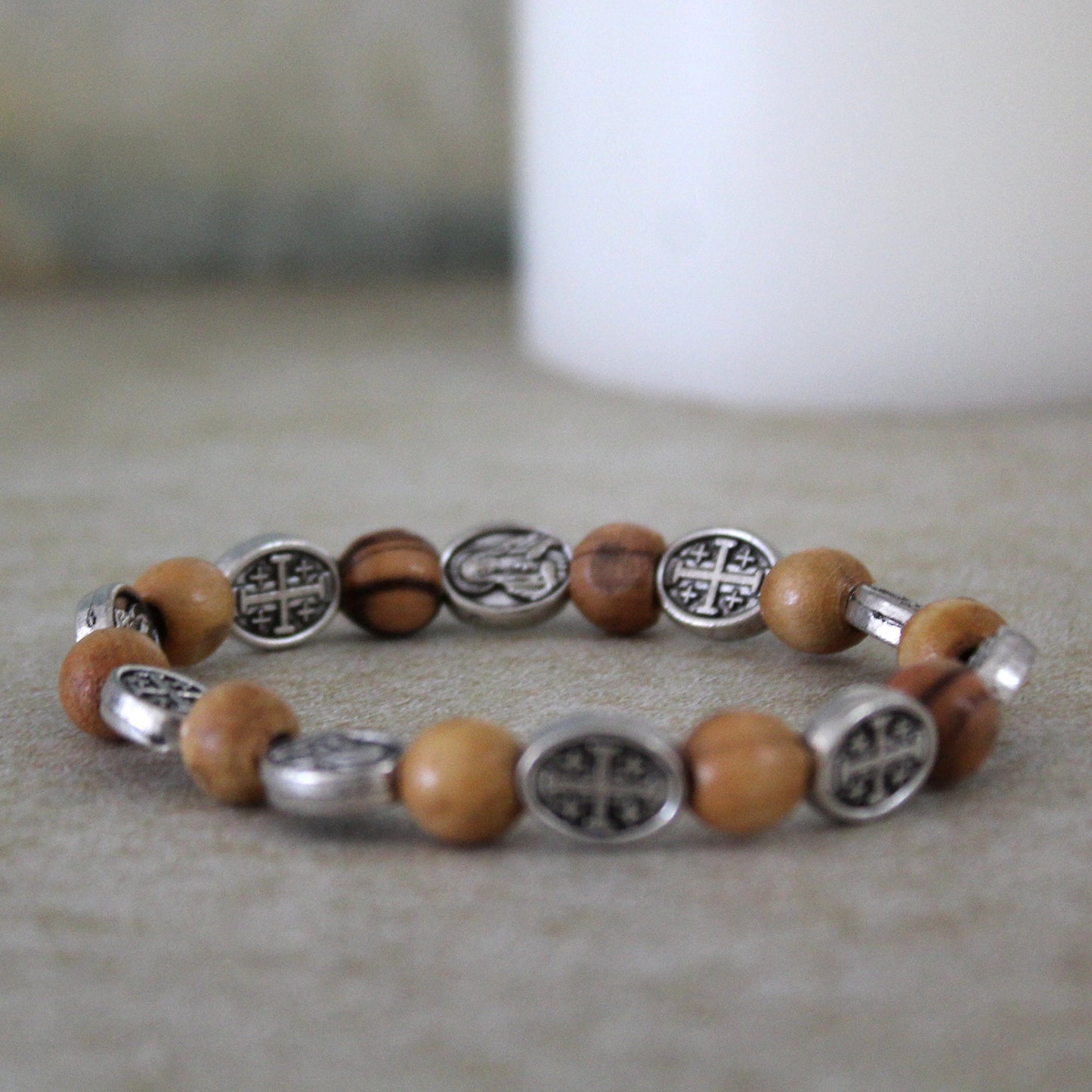 Get Two Sacred Energies Unite Christian Protection Bracelet with Natural Wood Beads, Olive Wood Healing & Spiritual Energy Jewelry; Unisex