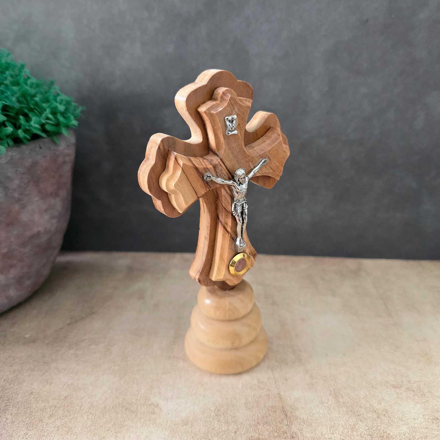 5.5" Standing Olive Wood Tabletop Crucifix of the Holy Land Handmade Table Cross, Catholic Wooden Crucifix, Religious Home Decor