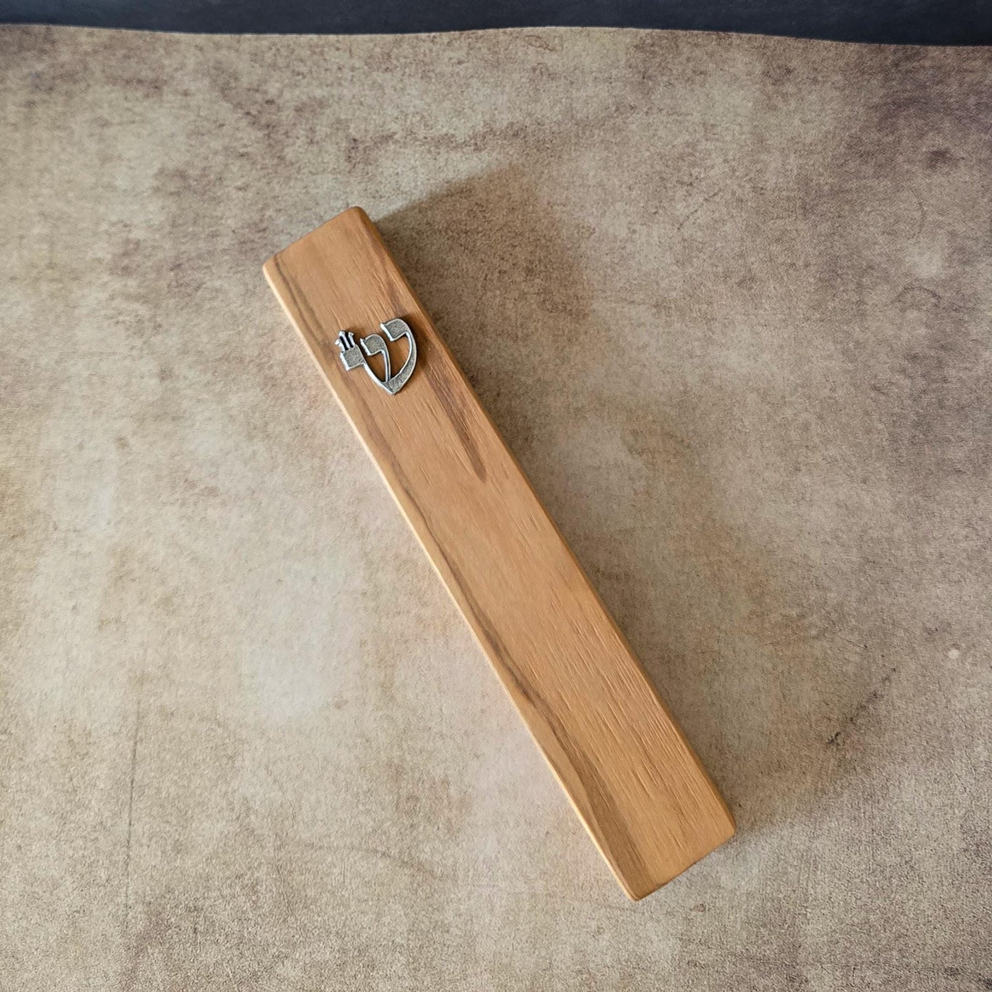 6.7" / 17cm Olive Wood Mezuzah Case with Silver Shin & Scroll - Elegant Jewish Doorpost Blessing - New Home Gift